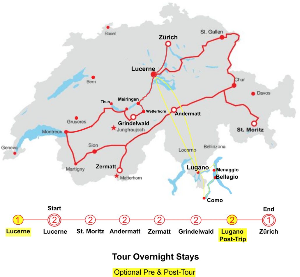 Map of 12 Day Swiss Alpine Rail Tour led by Echo Trails