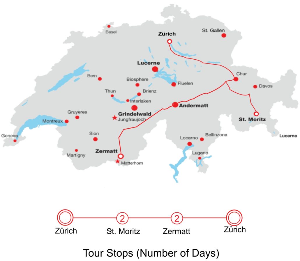 Map 3 day Swiss Rail Tour by Echo Trails