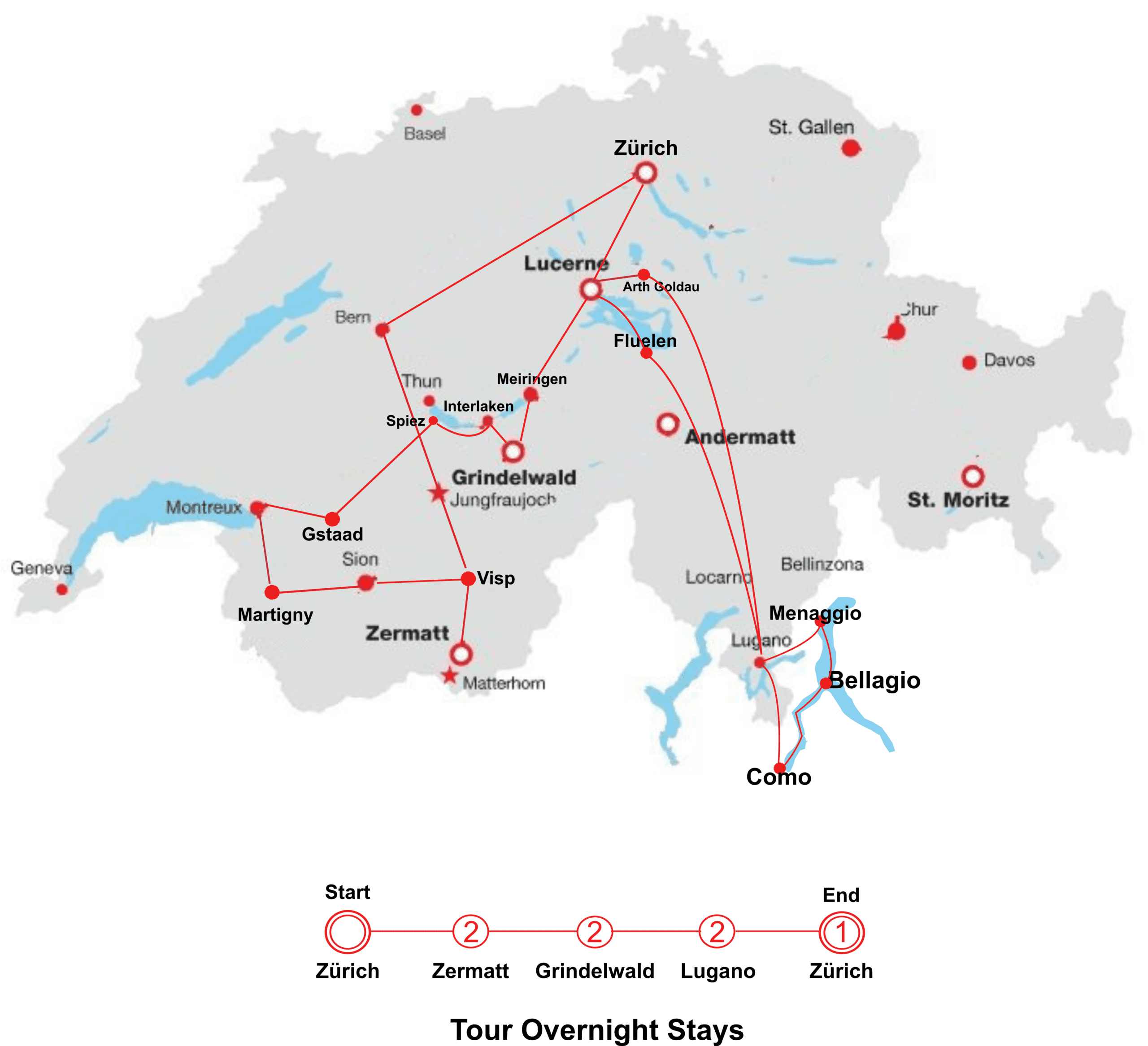 Echo Trails 8 Days Swiss Rail Tour Map